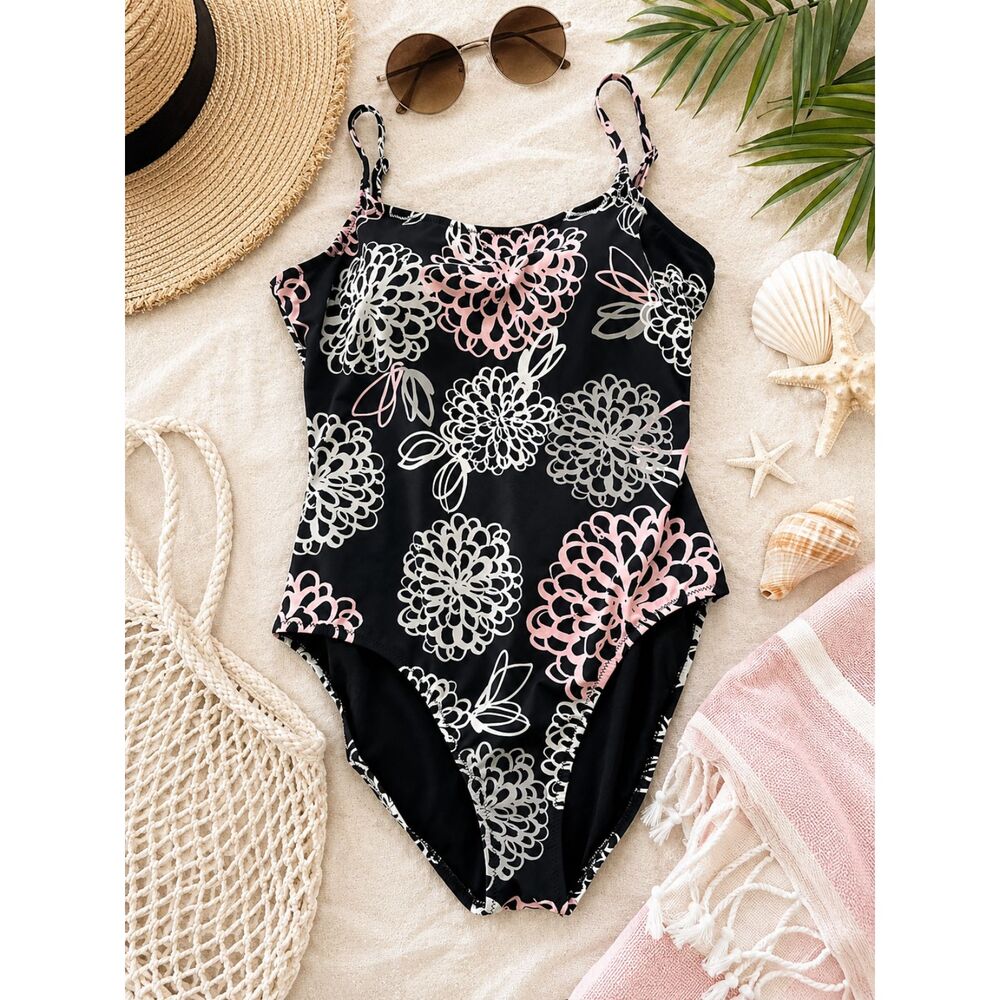 Garnet Hill One Piece Swimsuit Women's Size 12 Black Pink Floral Tummy Control